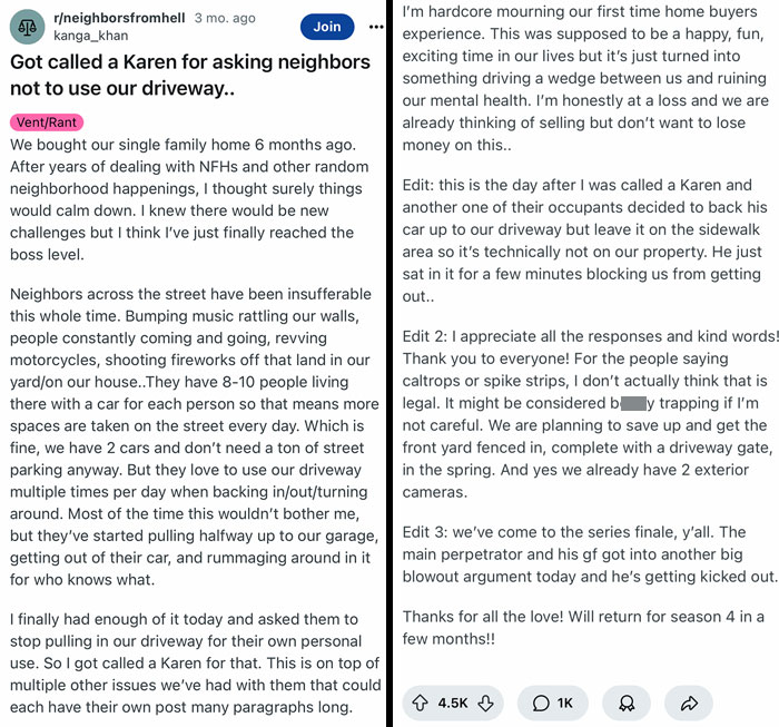 Reddit post about terrible neighbors using author's driveway, causing frustration and stress.