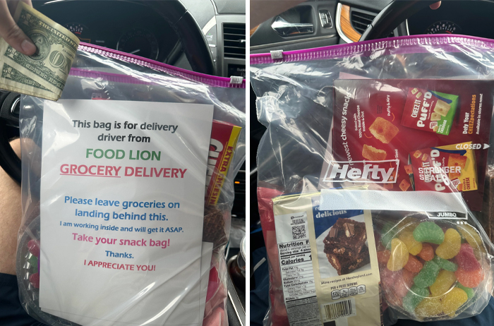 Instacart shopper delivery bag with snacks and a thank you note in a car seat.