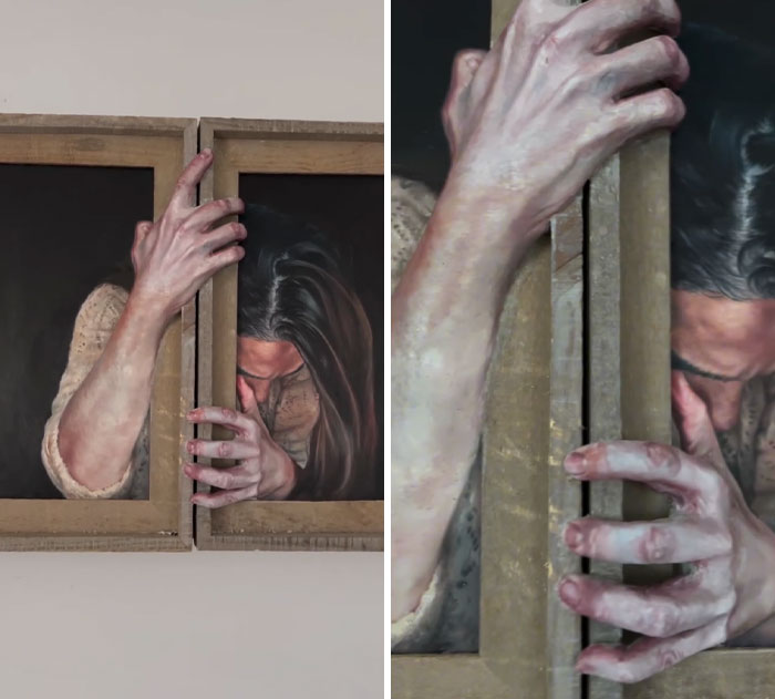 Close-up of eerie handmade crafts showing hands gripping wooden frames.