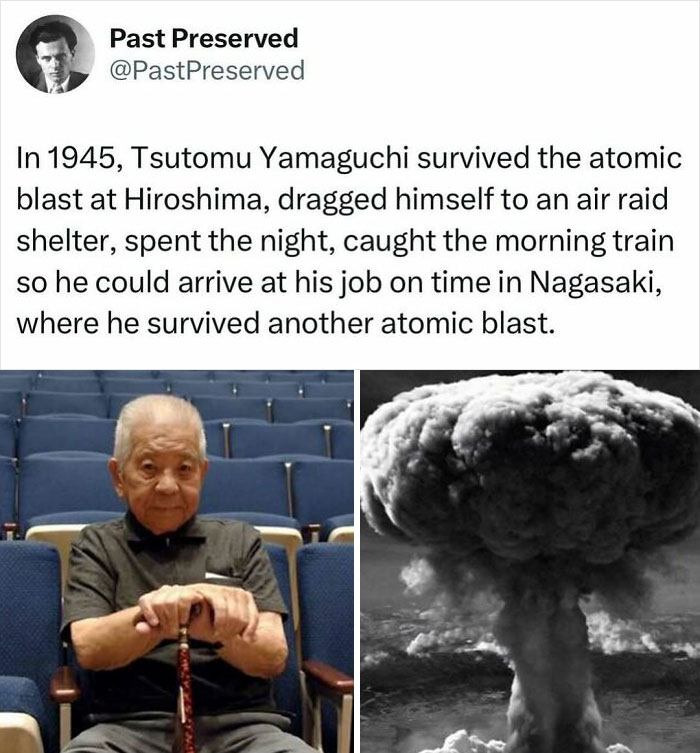 Elderly man sitting in a blue auditorium and a historical atomic b**b explosion cloud.
