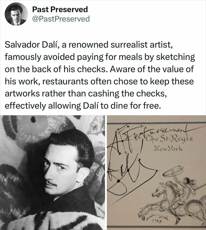 "Salvador Dalí and his signed art check at The St. Regis, exemplifying interesting historical facts about his unique dining habit."