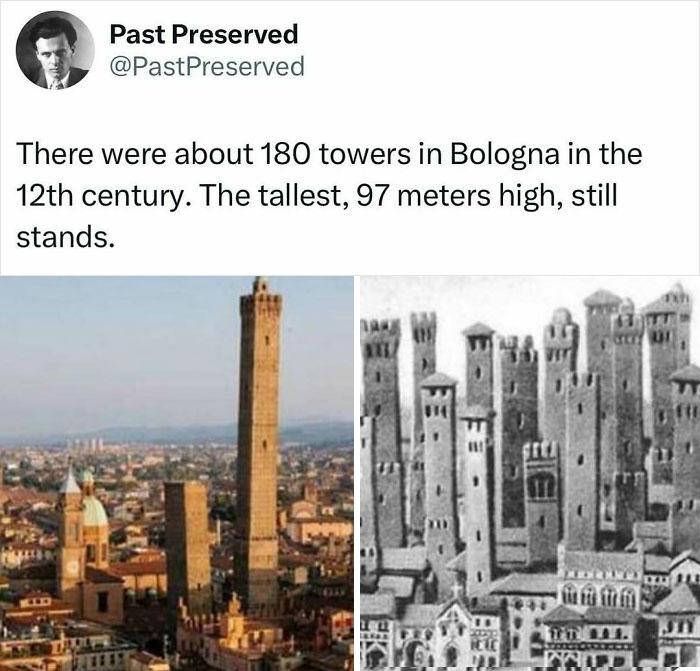 Historical facts about Bologna's 12th-century towers, including the 97-meter-tall one still standing.