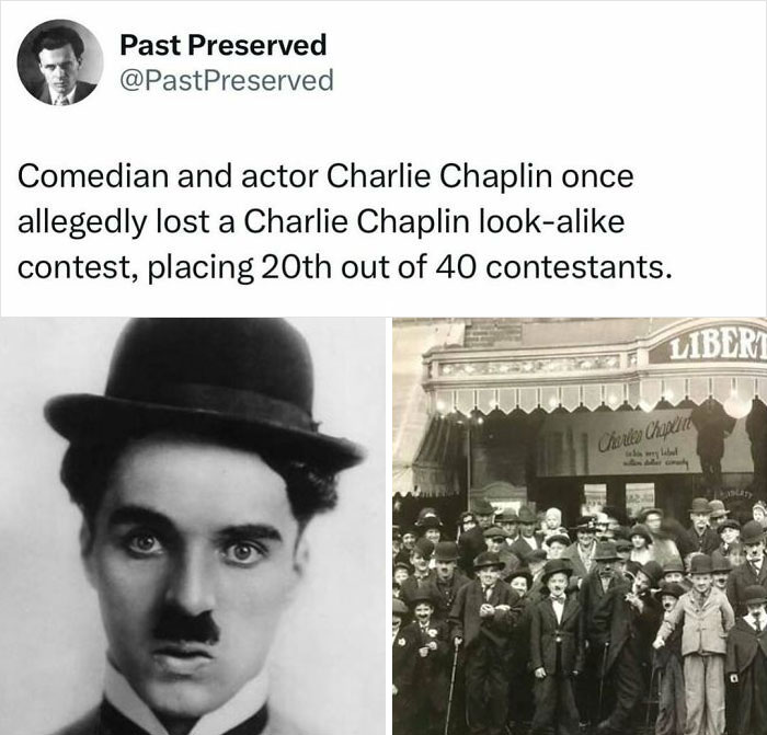 Charlie Chaplin in a look-alike contest; historical facts from "Past Preserved."