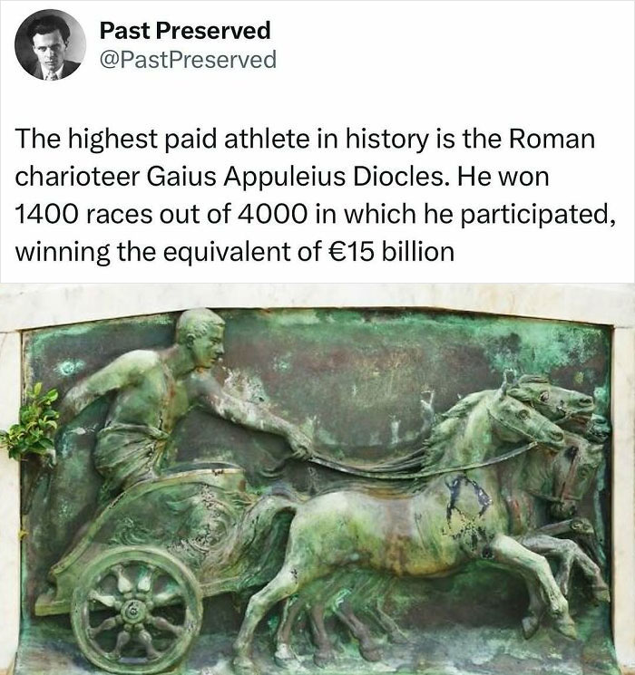 Relief sculpture of Roman charioteer Gaius Appuleius Diocles, noted for being a highly paid athlete in history.