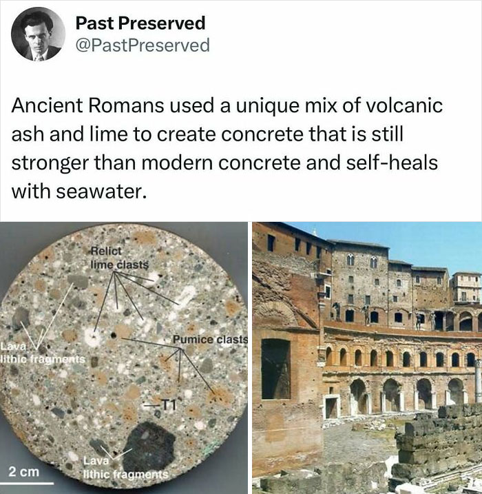 Ancient Roman concrete sample with volcanic ash and lime, alongside a Roman building, showcasing preserved historical techniques.