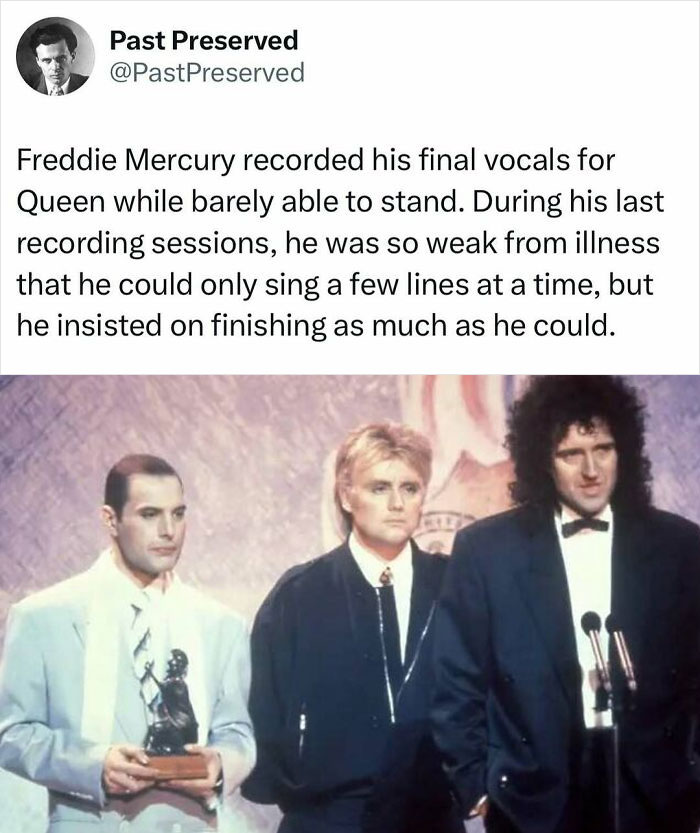 "Band members in a formal setting sharing a historical fact, highlighting 'Past Preserved' moments."