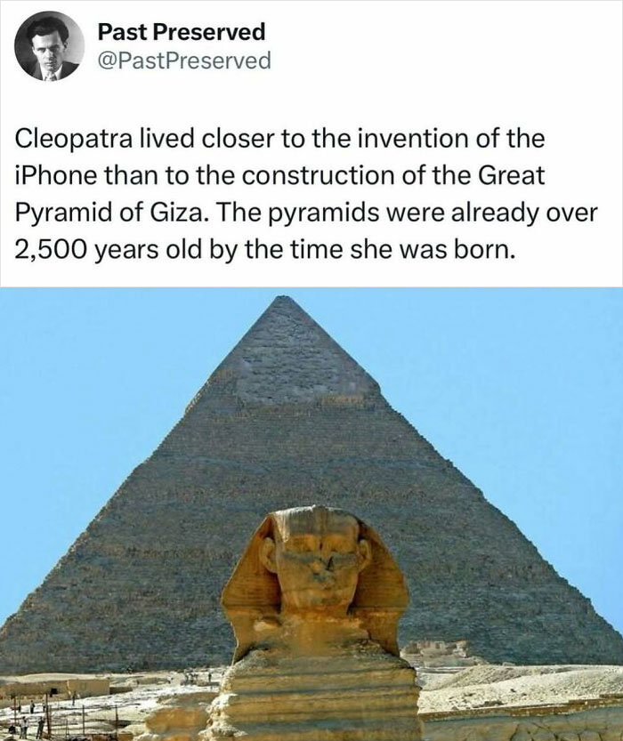 Great Pyramid and Sphinx under clear sky; historical facts shared by Past Preserved.