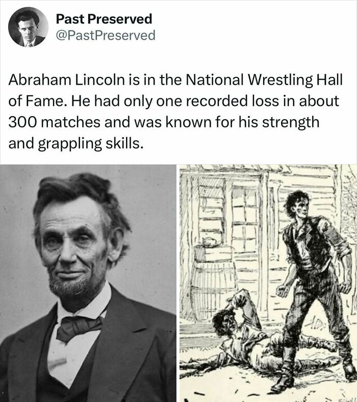 A historical fact about Abraham Lincoln's wrestling skills with an illustration and portrait.