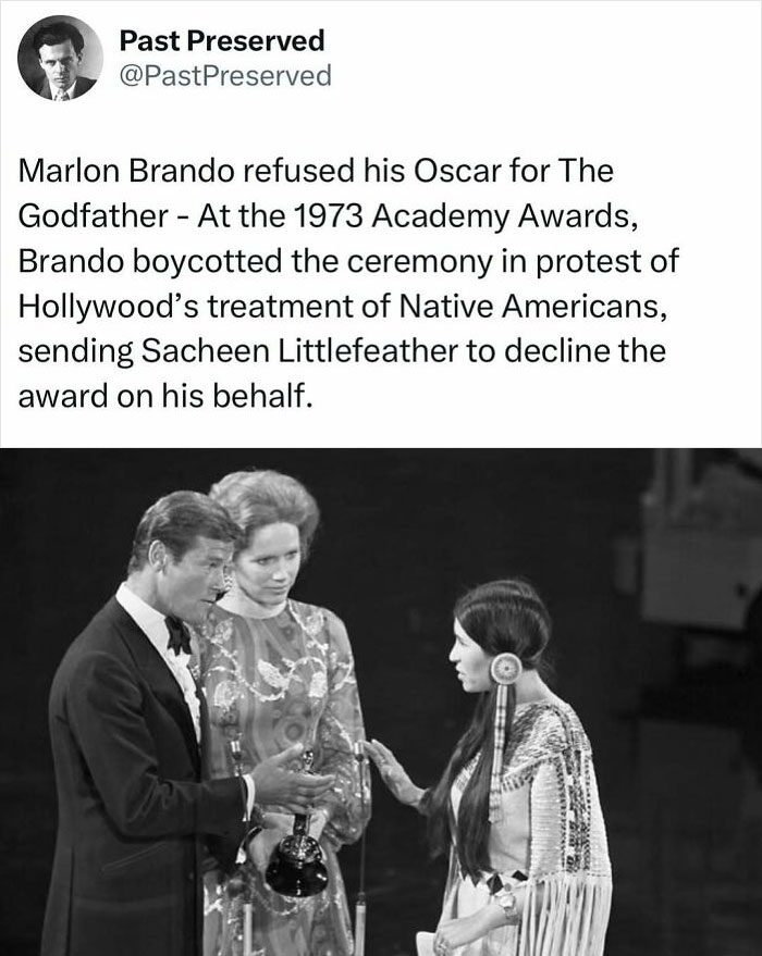 Sacheen Littlefeather at the 1973 Oscars, representing Marlon Brando's protest against Hollywood's portrayal of Native Americans.