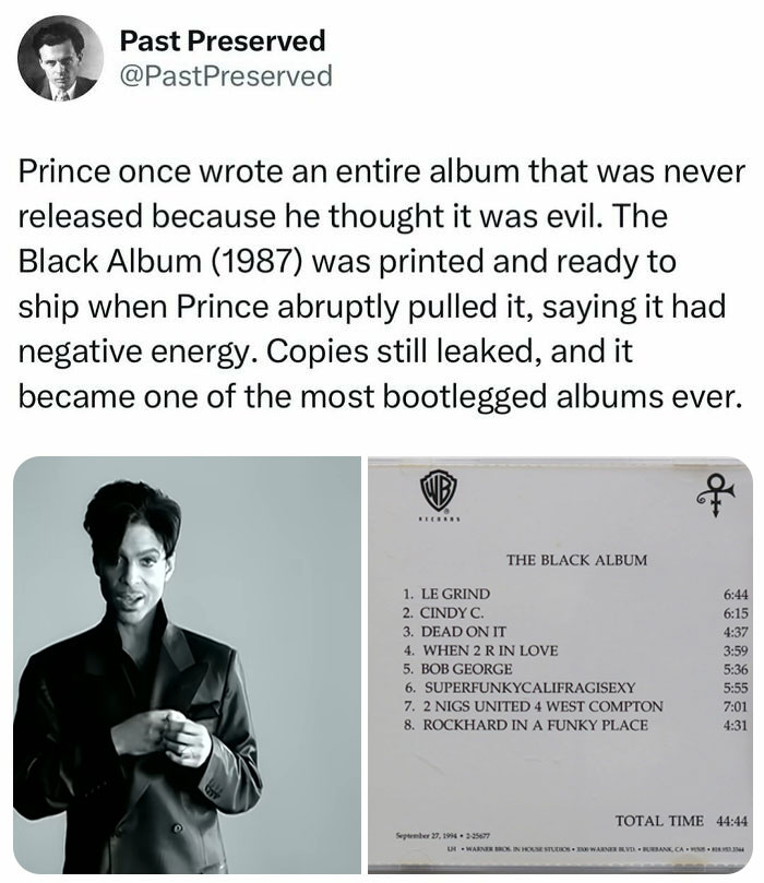 "Prince's unreleased Black Album cover featuring a tracklist, highlighted in historical facts from Past Preserved post."