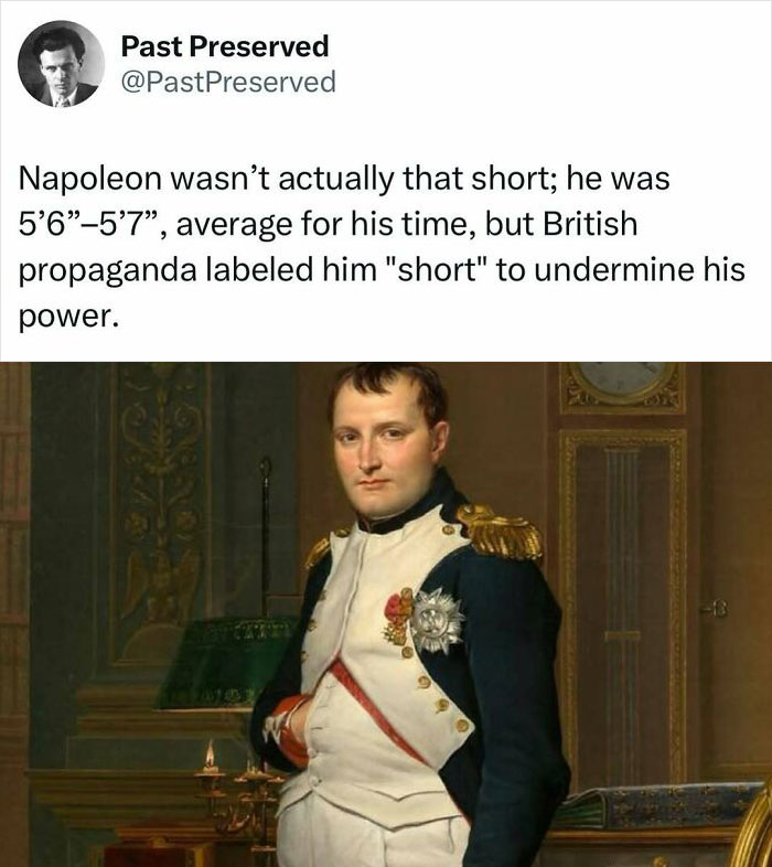 Portrait of Napoleon with text explaining his average height; "Past Preserved" discusses historical propaganda.