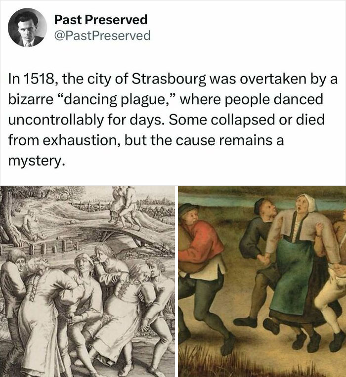 "Dancing plague of 1518 in Strasbourg, historical depiction showing people dancing uncontrollably in preserved artwork."