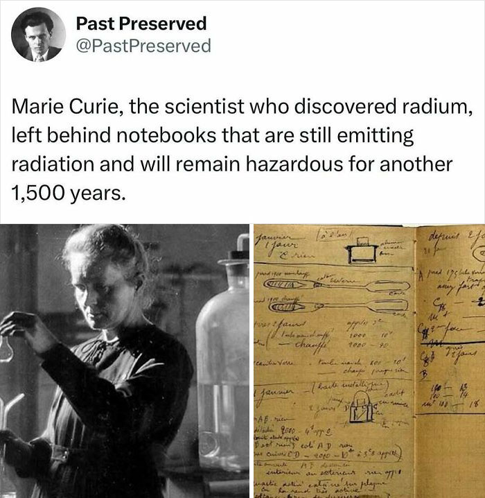 Marie Curie with hazardous notebooks emitting radiation, representing interesting historical facts.