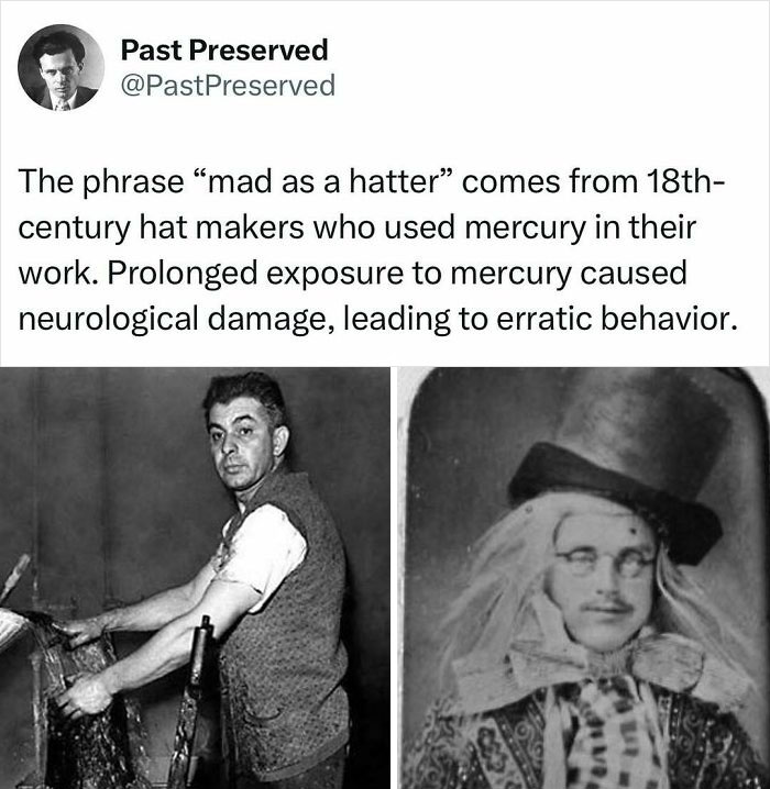 "18th-century hat maker and mad hatter, highlighting historical mercury exposure effects."