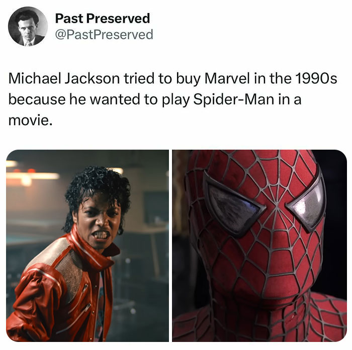 "Past Preserved: A montage of an iconic singer and Spider-Man, highlighting a 1990s historical fact."