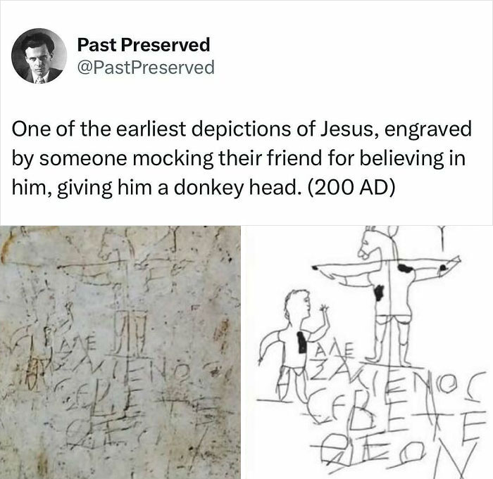 Ancient graffiti depicting Jesus with a donkey head, illustrating historical mockery.