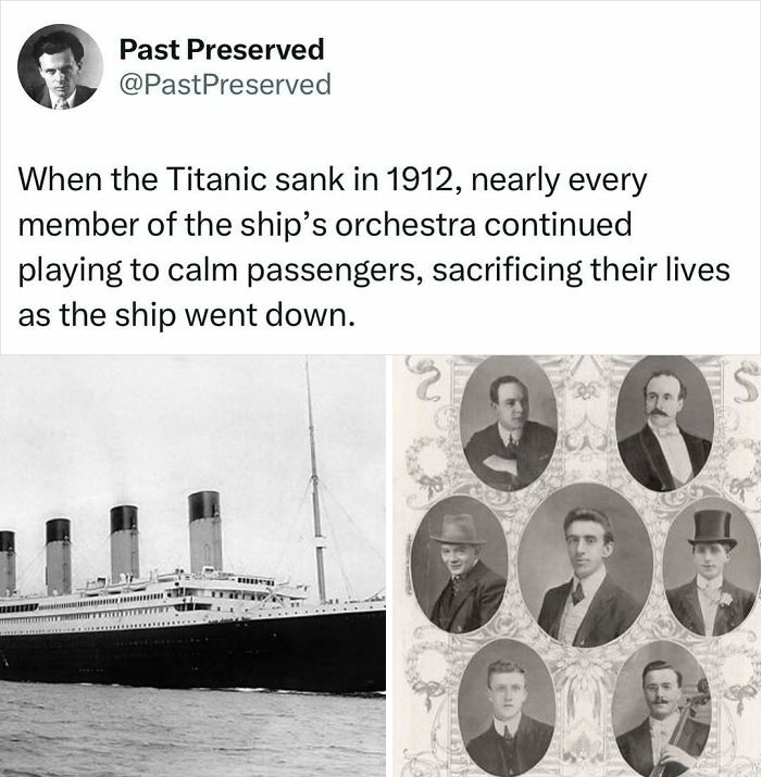 Titanic and orchestra members, 1912, highlighting historical events related to their brave sacrifice during the sinking.
