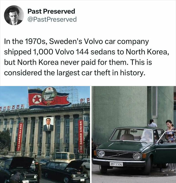 "Volvo cars in North Korea, highlighting a historical event involving unpaid vehicles from the 1970s."