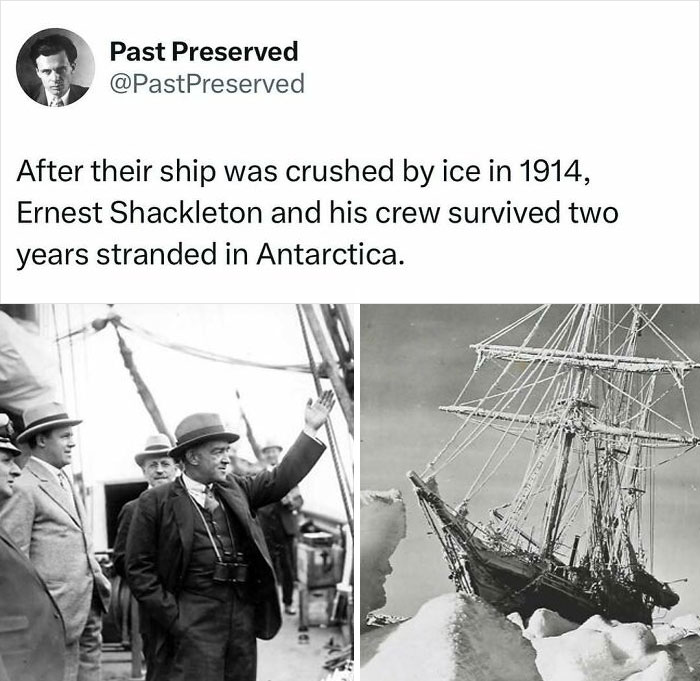 "Past Preserved post on Ernest Shackleton and crew's 1914 survival in Antarctica after ship crushed by ice."