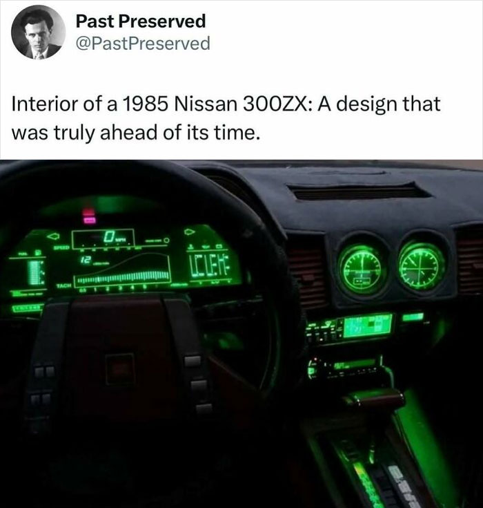 Digital dashboard of 1985 Nissan 300ZX, illuminated in green, showcasing preserved historical automotive design.
