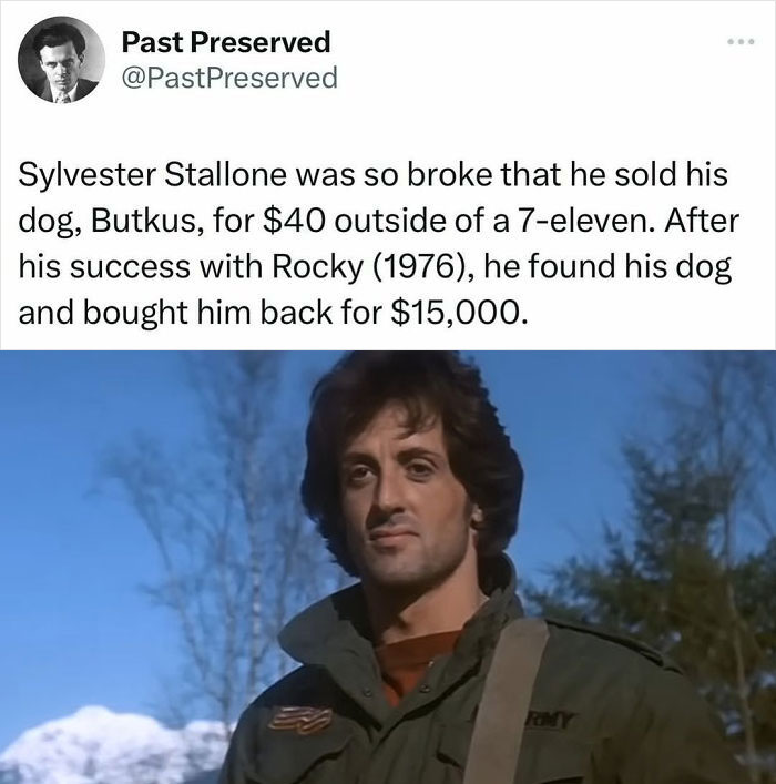 "Quote about Sylvester Stallone, historical fact from Past Preserved, text above image of a man in a jacket outdoors."