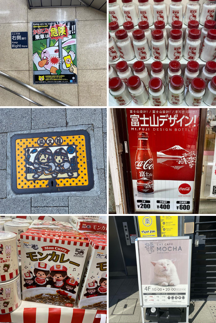 Collage of Interesting-Japan-Pics: street art, unique products, Mt. Fuji Coke ad, and a cat café poster.