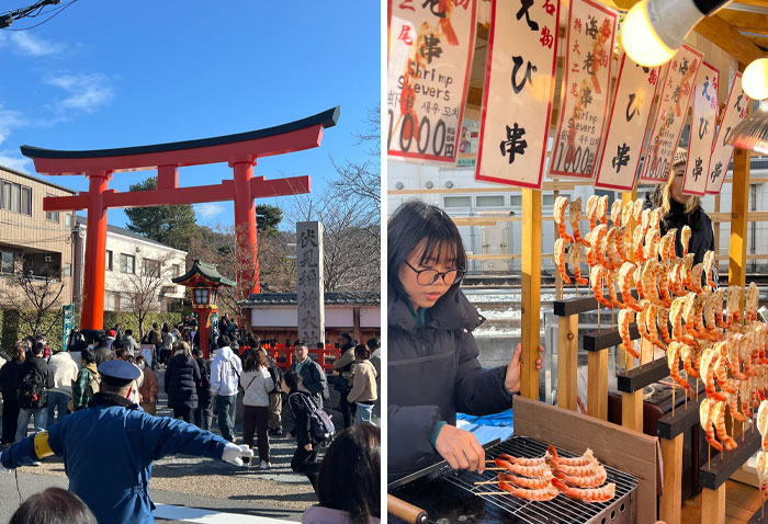 Interesting Japan pics: A bustling shrine entrance and a vendor grilling shrimp skewers.