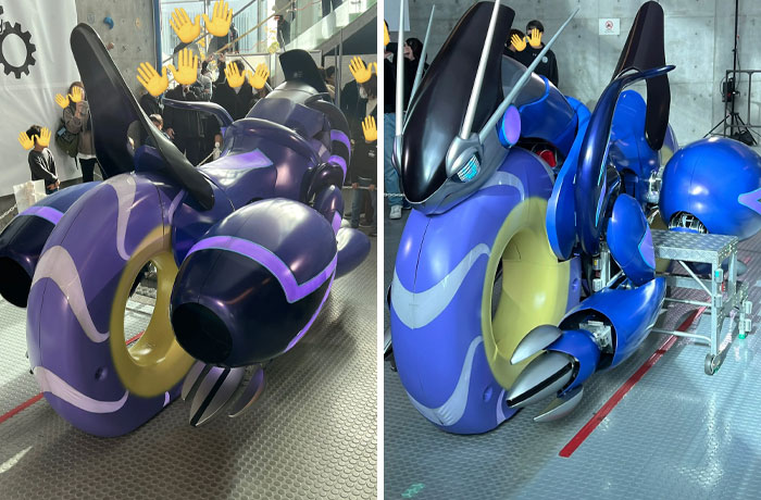 Futuristic motorcycles in Japan, with unique purple and blue designs, displayed indoors.