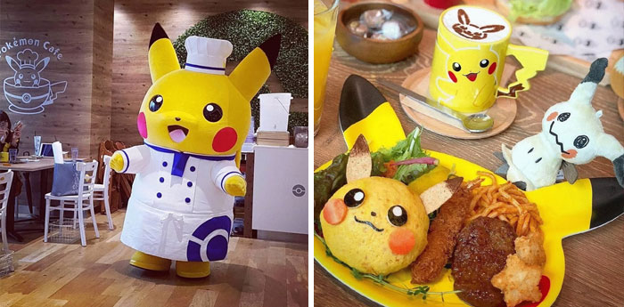 Pikachu dressed as a chef in a Pokemon-themed cafe in Japan; Pikachu-themed meal with dessert and drink.