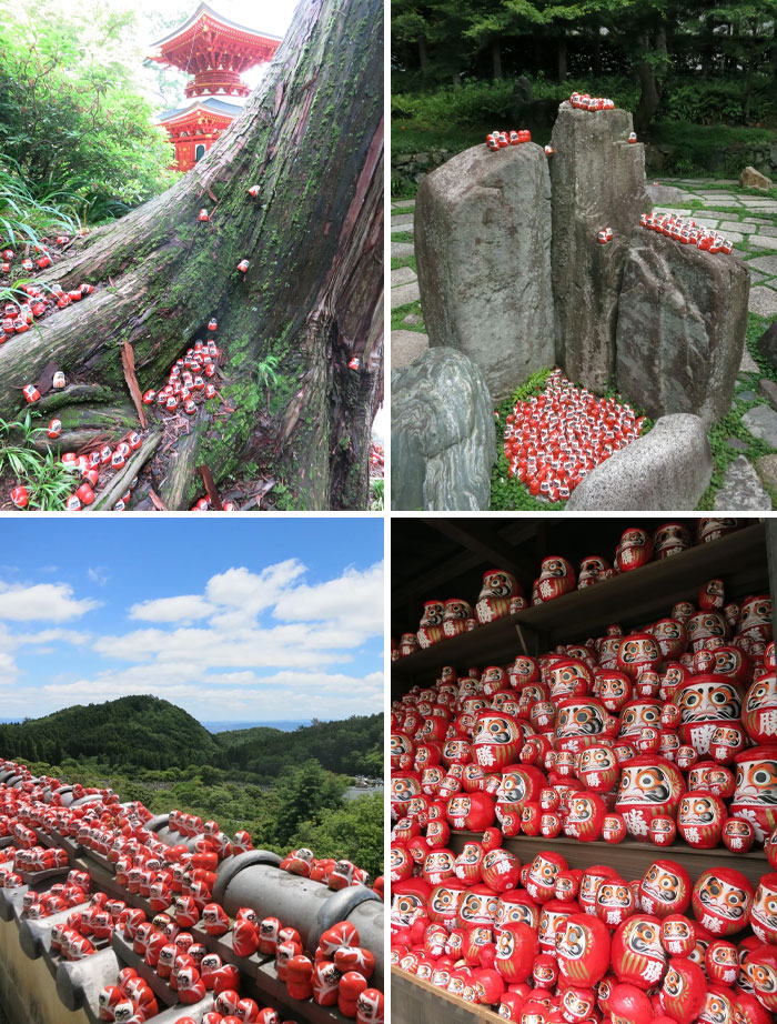 Daruma dolls in various settings, showcasing interesting Japan pics with vibrant landscapes and cultural elements.