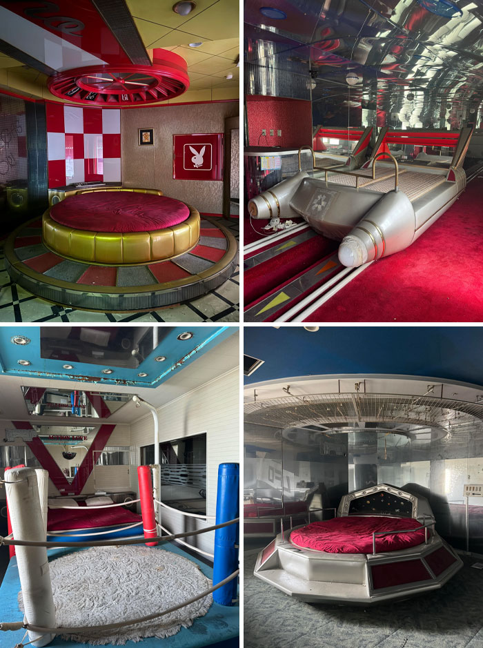 Unique hotel room designs in Japan, featuring vibrant and eclectic decor, including themed beds and mirrored ceilings.