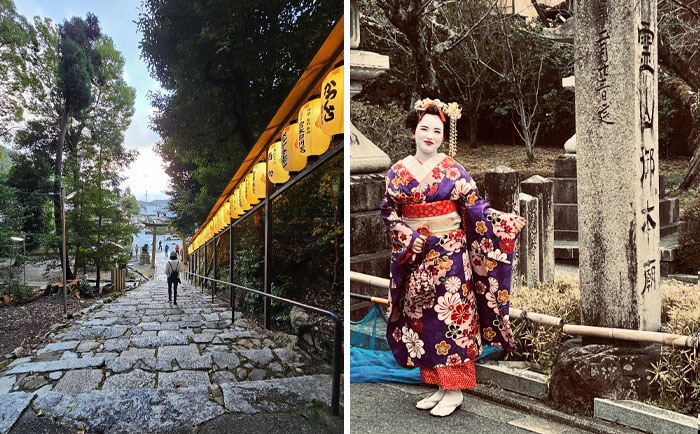 Pathway in a Japanese shrine and a woman in traditional kimono, showcasing Interesting Japan Pics.