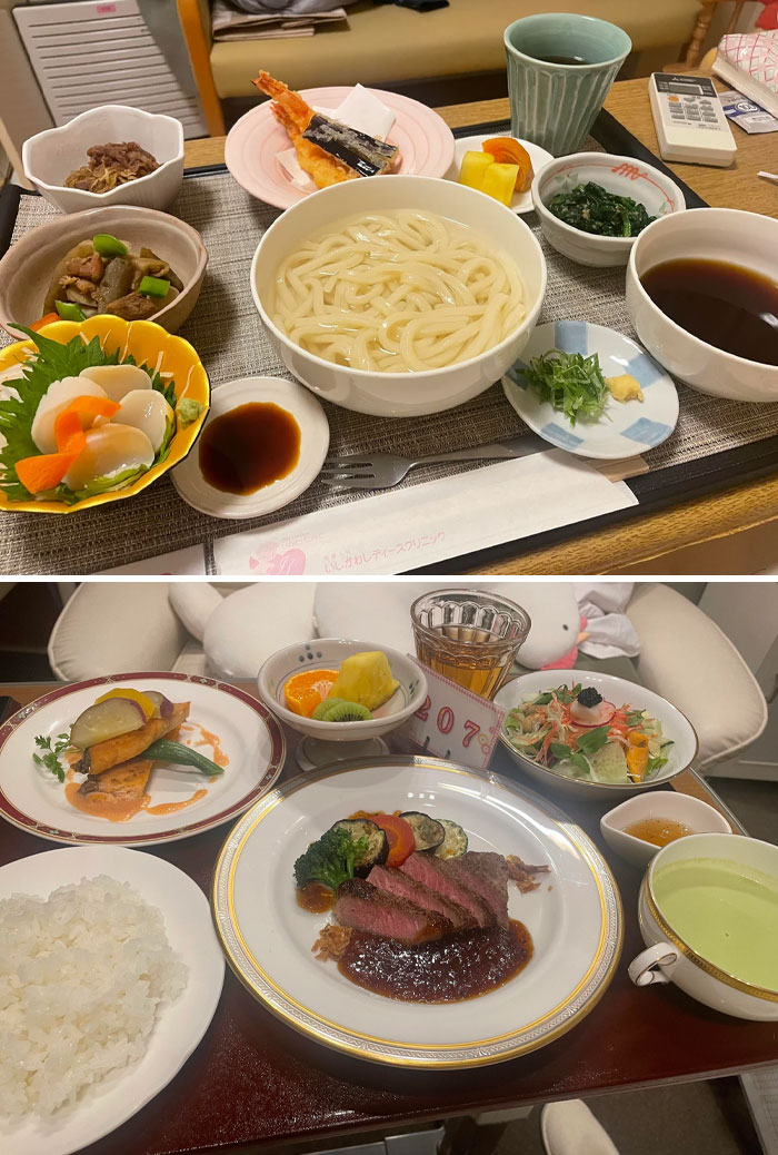 Japanese meals with udon noodles, sushi, beef slices, and diverse side dishes on a table.