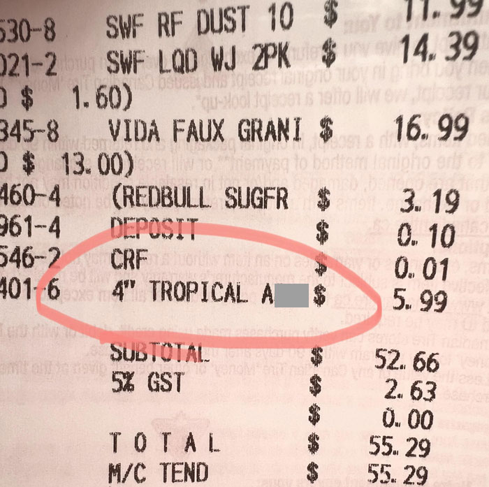 Receipt with "4'' Tropical A**" circled, showcasing interesting receipts people found.