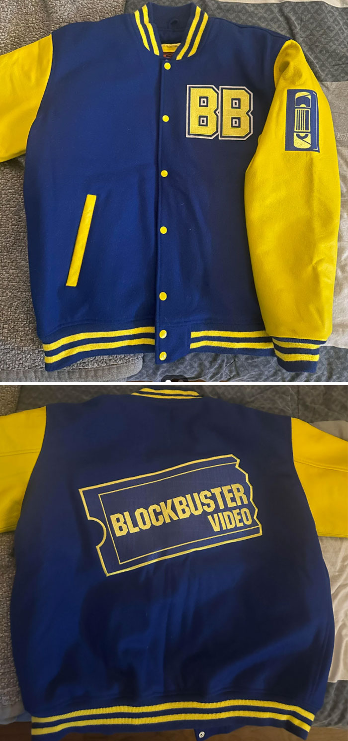 Vintage Blockbuster jacket with blue and yellow design found while thrifting.