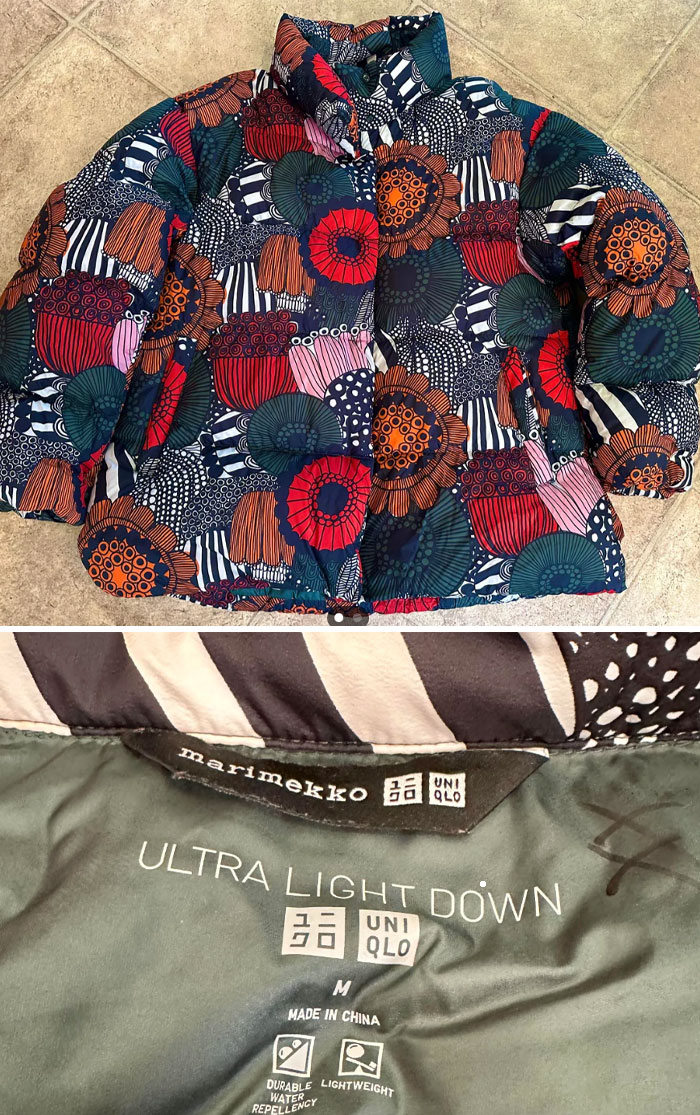 Colorful patterned Uniqlo x Marimekko jacket found while thrifting.