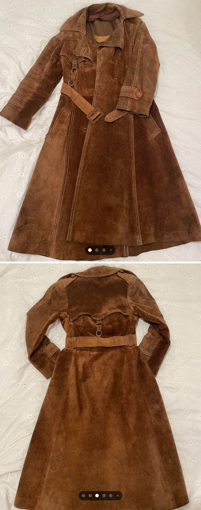 Brown vintage coat found while thrifting, showcasing front and back views on a white patterned background.