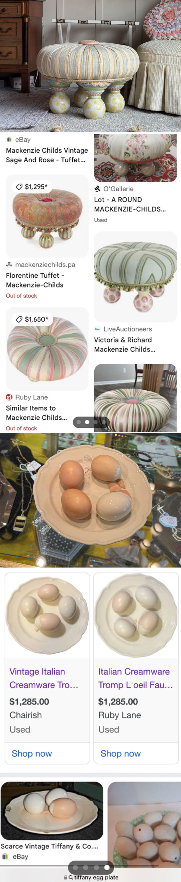 Vintage finds include a Mackenzie-Childs tuffet and a Tiffany egg plate, showcasing thrifted treasures.