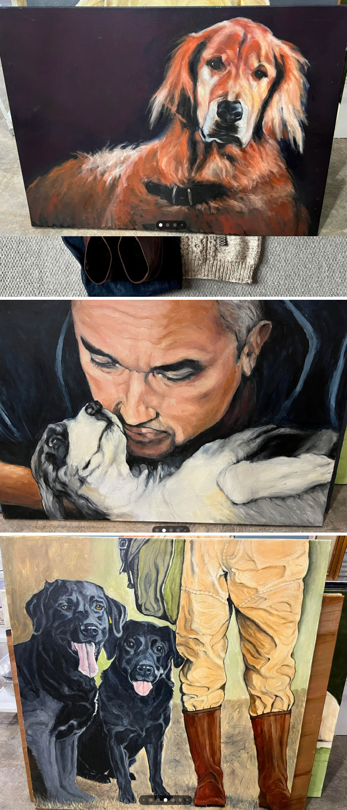 Thrift store finds: three paintings featuring dogs and people, showcasing incredible thrift discoveries.