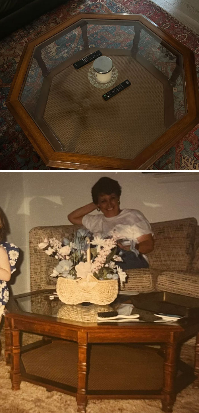 Vintage octagonal wooden coffee table paired with a similar design from the past, discovered while thrifting.
