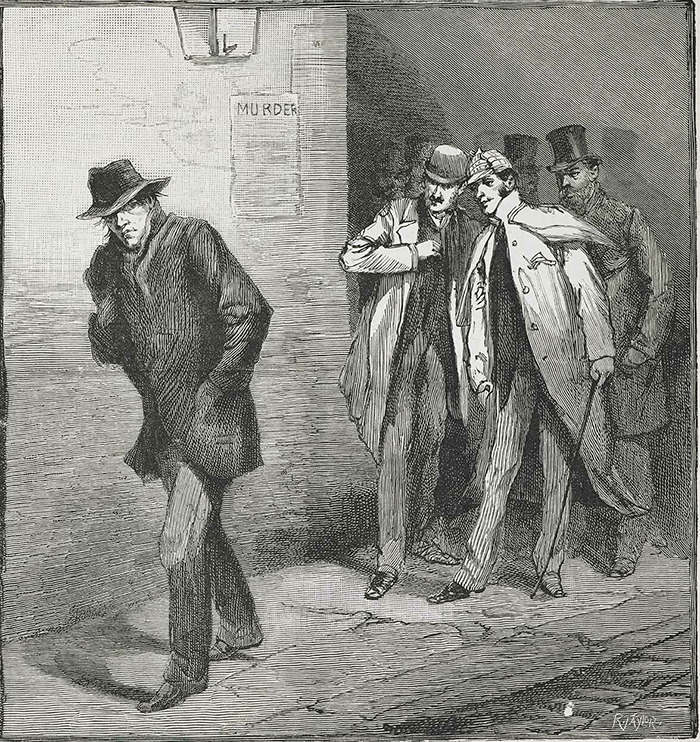 Illustration of Jack the Ripper on a dimly lit street.