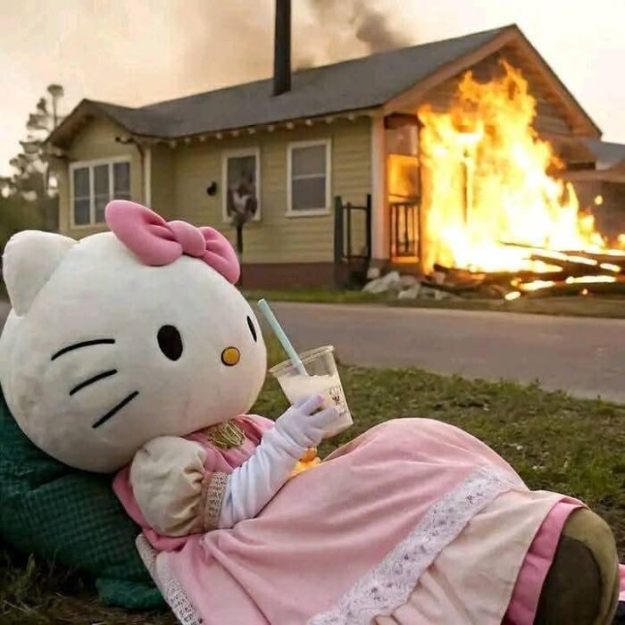 Hello Kitty in a pink dress lounging with a drink as a house burns in the background, capturing "girly things" meme humor.