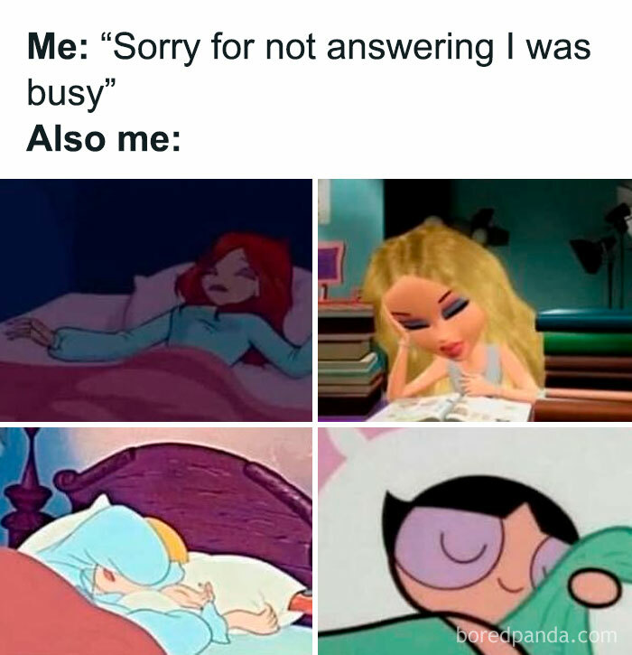 Four images of female cartoon characters sleeping, humorously captioned with a relatable excuse.