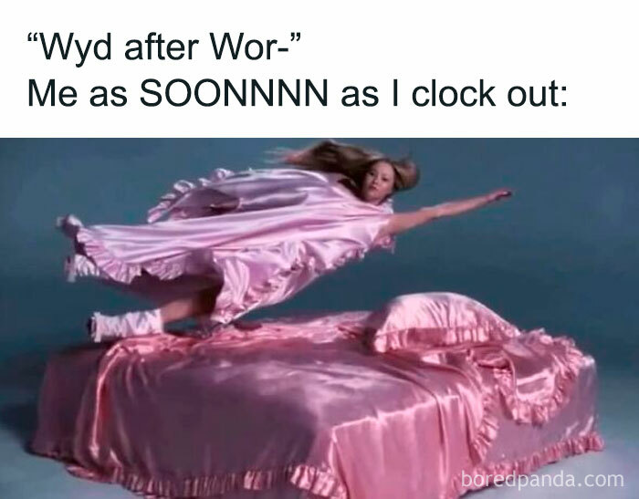 Woman in pink leaps dramatically onto a pink bed; meme humor relatable to women.