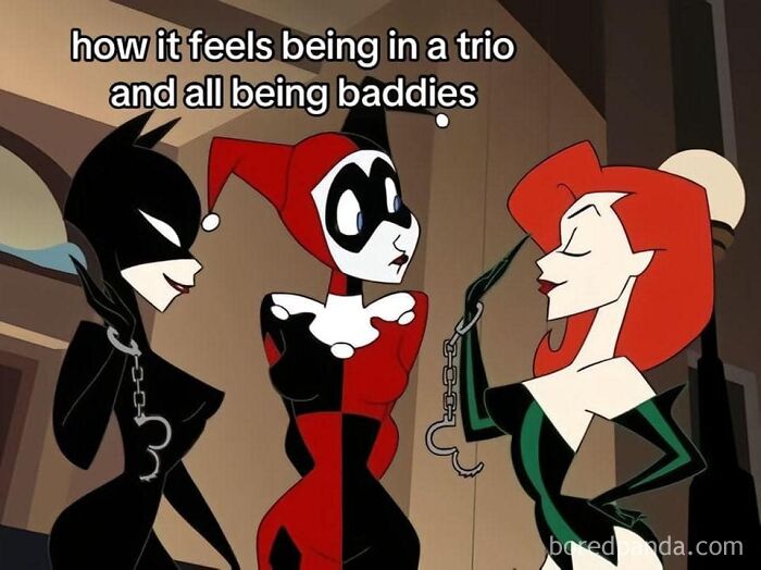 Three animated characters in costumes with a playful caption, embodying "Just Girly Things" meme theme.