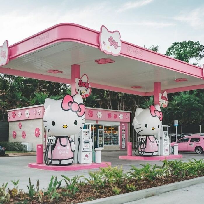 Hello Kitty-themed gas station with pink decor, showcasing a playful design that aligns with girly aesthetics.