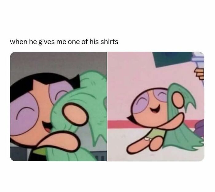 Cartoon girl hugging a green shirt, relatable moment for women.
