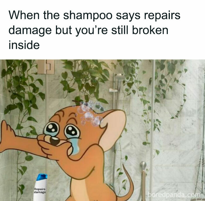 Cartoon character in shower with bubbles crying, humorous meme for "Just Girly Things."