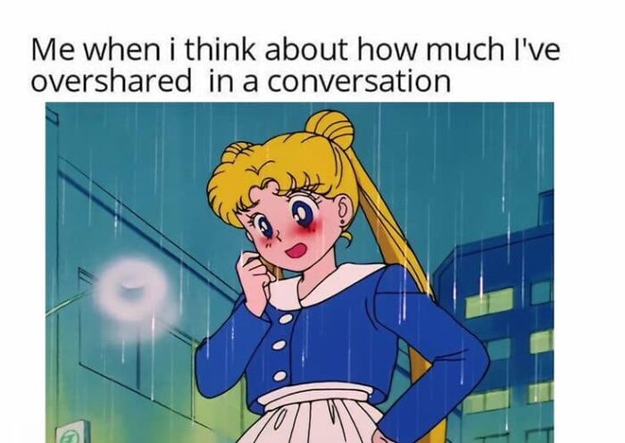 Cartoon girl in rain thinking about oversharing, illustrating relatable moments for women with "Just Girly Things" theme.