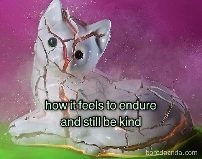 C*****d porcelain cat sculpture with text overlay about endurance and kindness, representing relatable girly things.
